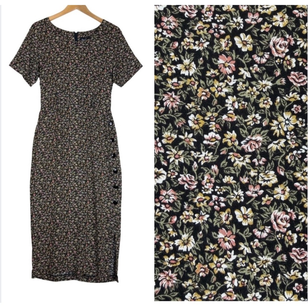 90s Vintage Floral Midi Dress Black Rayon Ditsy Print M Cottage Core Dark 1990s